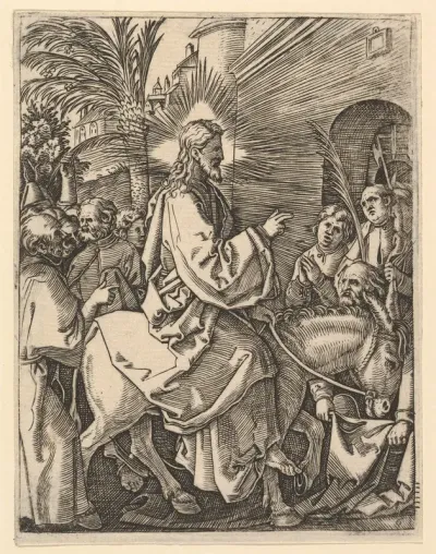 The Entry into Jerusalem; Christ riding on a donkey towards an arched city gate; an elderly man spreads out his cloak on the road, from "The Passion of Christ", after Dürer