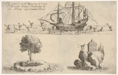 The entry of the Count of Brionne: in the upper image, the count stands on a shipdeck in the guise of Jason, with mermaids and tritons playing musical instruments in the water below; at lower left, the Golden Fleece hangs in a tree above a recumbent 