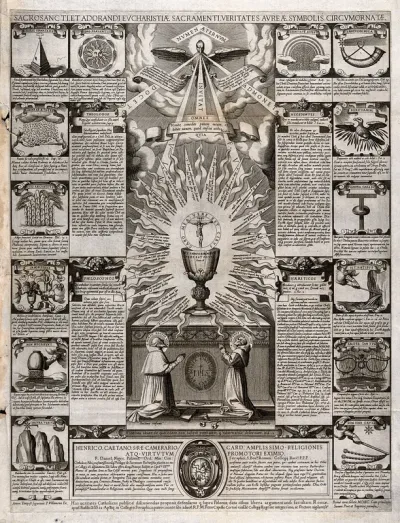The Eucharist venerated by Saint Bonaventure and Saint Anthony of Padua; surrounded by related symbols, texts and doctrines
