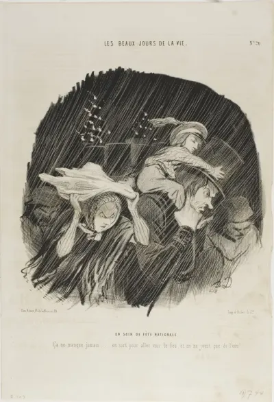 The Evening of the National Holiday. It never fails... you go out to see the fireworks, and all you get is waterworks!, plate 20 from Les Beaux Jours De La Vie