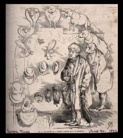 The evolution of a shuttlecock and bats into a sheep into a timid young man, and his hat into a baby into his umbrella; representing Darwin's theories