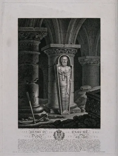 The exhumed corpse of the French King Henry IV standing bandaged and upright in a coffin in the vaults of the Basilica of Saint-Denis