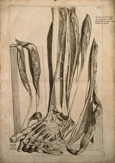 The extensor muscles of the foot dissected and left attched at their insertions