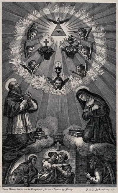 The eye of God, with the dove of the Holy Spirit, the Sacred Hearts of Christ and the Virgin, and the Eucharist, venerated by a male saint and Saint Margaret Mary Alacoque; below, the Visitation with Joseph and Zacharias