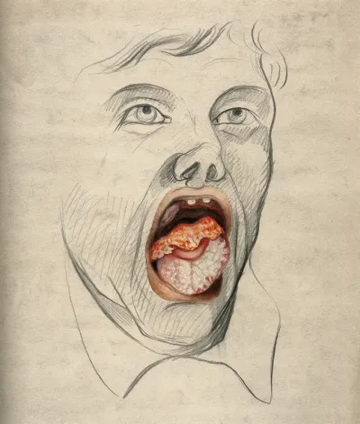 The face of a man with mouth open wide, displaying the symptoms of cancer of the tongue, with areas of severely diseased tissue seen on the tongue