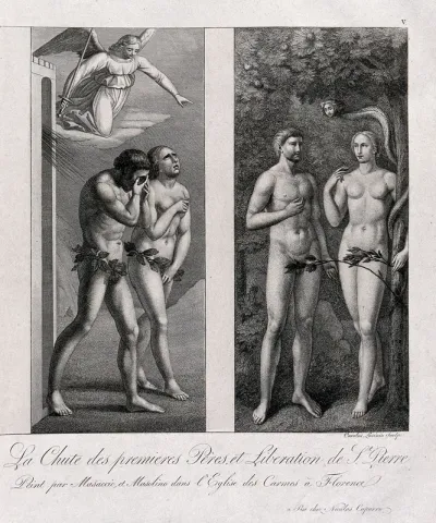 The Fall: Adam and Eve driven out by the Angel for eating the forbidden fruit