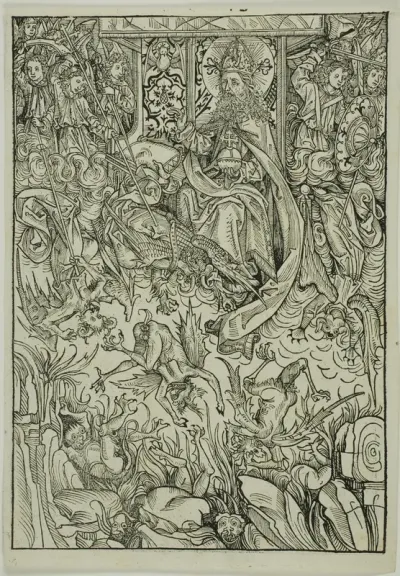 The Fall of Lucifer and the Rebel Angels (verso); The Gathering of the Angels (recto), pages three and two from the Treasury (Schatzbehalter)