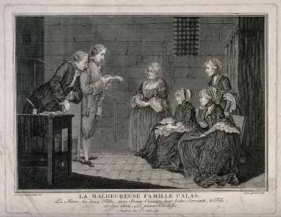 The family of Jean Calas sit listening to Alexandre Lavaysse reading a letter from Calas after his execution