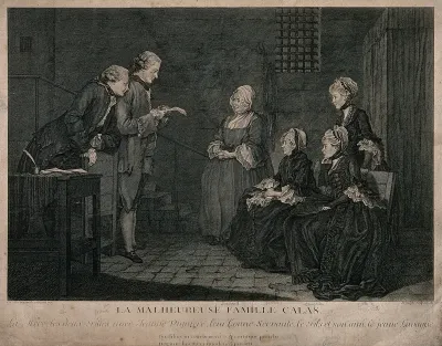 The family of Jean Calas sit listening to Alexandre Lavaysse reading a letter from Calas