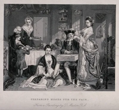 The family of the vicar of Wakefield is eating at a table as the two daughters dress their brother for the fair