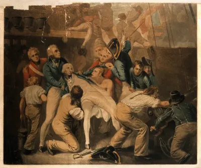 The fatal wounding of Lord Nelson on the deck of HMS Victory at the battle of Trafalgar