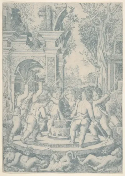 The fate of an evil tongue; seven putti stand around an anvil on which they hammer a tongue, landscape and architecture behind