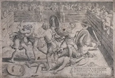 The fight between the Horatii and the Curiatii in an arena surrounded by spectators