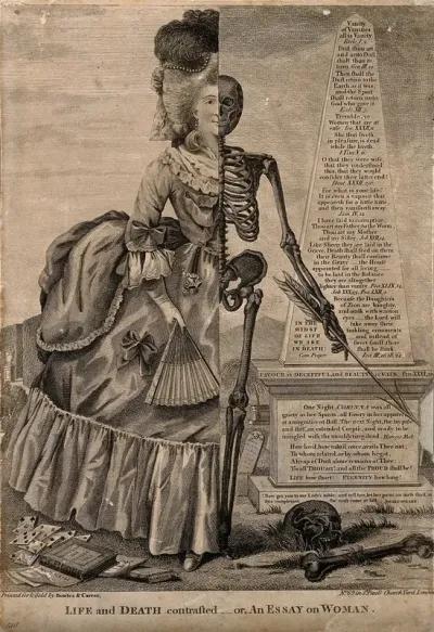 The figure of a woman divided in two parts: half skeleton, half lady of fashion, standing next to a obelisk inscribed with biblical quotations