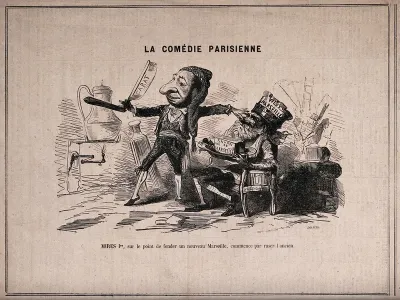The financier Jules Mirès as a barber about to shave an old man representing the old city of Marseilles