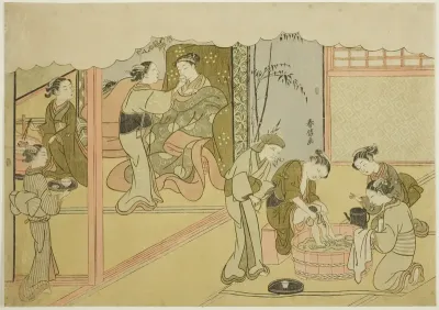 The First Childbirth (Uizan), the seventh sheet of the series "Marriage in Brocade Prints, the Carriage of the Virtuous Woman (Konrei nishiki misao-guruma)"