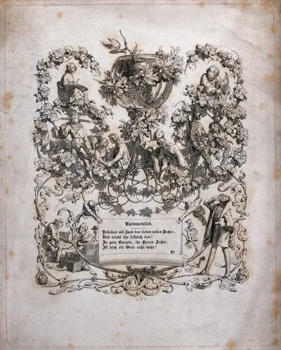 The first verse of a poem entitled, "Rheinweinlied", surrounded by an ornamental design with a large wine glass
