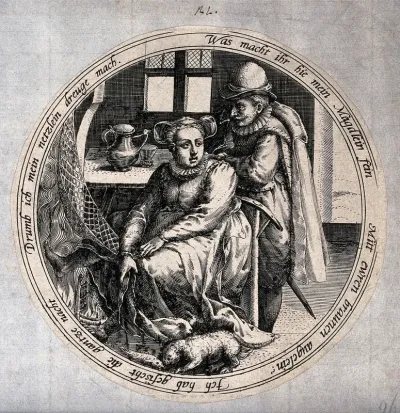 The fisherman has brought home his catch of fish which fall out of the net at the woman's feet