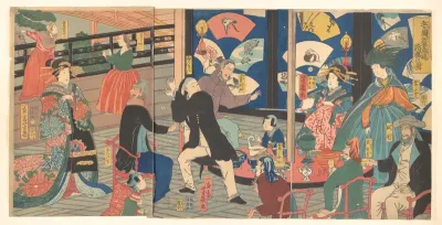 The Five Nations Enjoying a Drunken Revel at the Gankirō Tea House — Utagawa Yoshiiku Kanvas Tablo