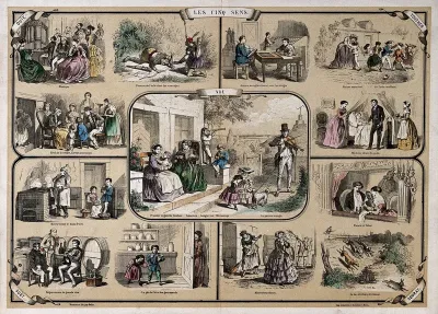 The five senses: sight, surrounded by vignettes showing the other senses