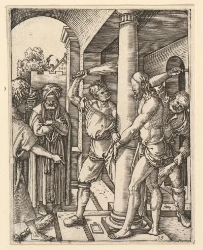 The Flagellation: Pilate stands under archway on left watching two men flagellate figure of Christ tied to column, from "The Passion of Christ", after Dürer