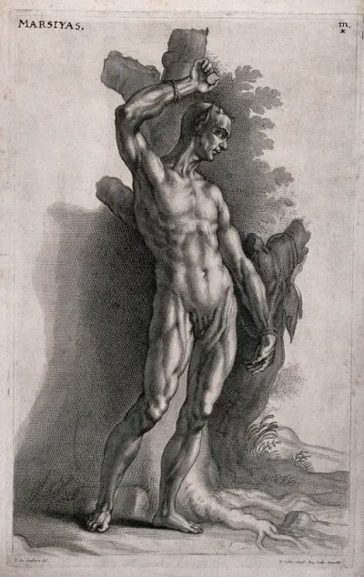 The flayed Marsyas is tied to a tree with his skin hanging over a branch of the tree