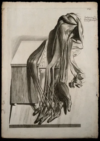 The flexor muscles of the arm, hand and fingers, separated from each other and raised through the use of a dowel and a perforated box