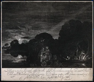 The flight into Egypt in the night, illuminated by the moon and the milky way