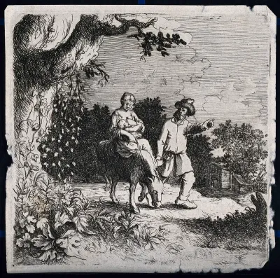 The flight into Egypt: Mary rides on the donkey, breast-feeding Jesus; Joseph walks beside them