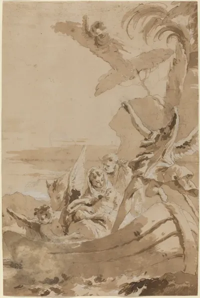 The Flight into Egypt with the Holy Family and Two Angels in a Skiff