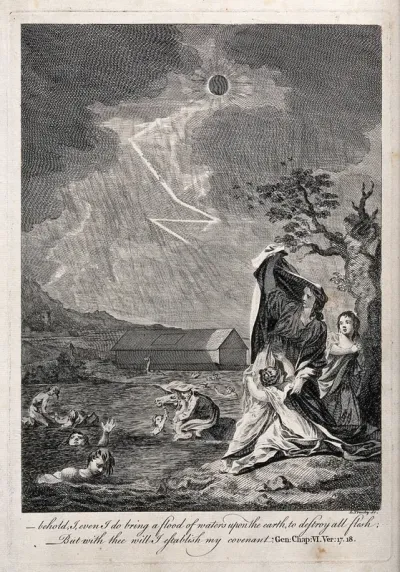 The flood: women shelter in fear by a tree, as the deluge sweeps the land