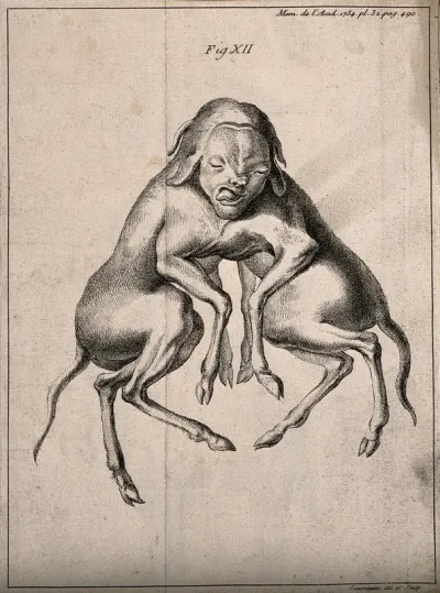 The foetus of dogs born as conjoint twins, anterior view