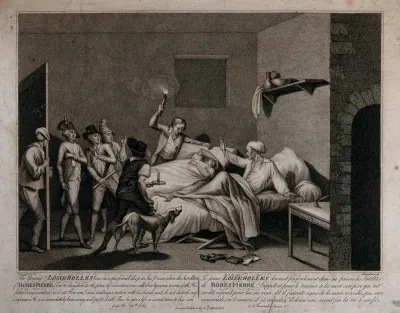The followers of Robespierre entering the prison cell in which Loizerolles father and son are kept to take the son away for execution