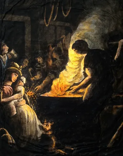 The forge of a blacksmith: smiths at work, attended by a woman with a child on her lap and two dogs at her feet