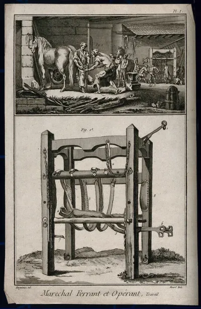 The forge of a blacksmith, with a harness and frame for use in the shoeing of horses