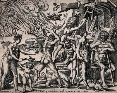 The forge of Vulcan: he sits by the forge as his assistants work on iron at the anvil