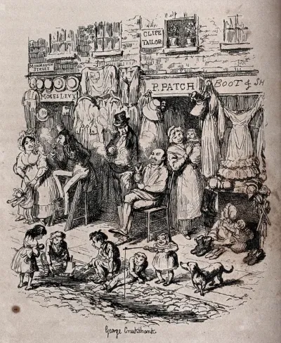 The former Monmouth Street in London: women and children playing and men sitting and standing while smoking pipes, with items for sale hanging outside shops