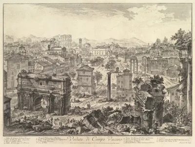 The Forum Romanum, or Campo Vaccino, from the Capitol, with the Arch of Septimius in the foreground left, Temple of Vespian right, and the Colosseum in the distance (Veduta di Campo Vaccino)