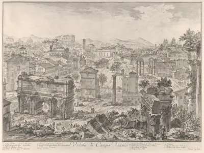 The Forum Romanum, or Campo Vaccino, from the capitol, with the Arch of Septimus Severus in the foreground left, Temple of Vespian right, and the Colosseum in the distance (Veduta di Campo Vaccino), from "Vedute di Roma"