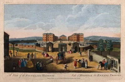 The Foundling Hospital, Holborn, London: a bird's-eye view of the courtyard, a busy scene in the street