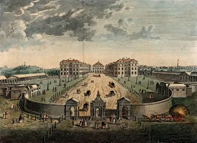 The Foundling Hospital, Holborn, London: a bird's-eye view of the courtyard, numbered for a key