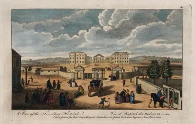 The Foundling Hospital, Holborn, London: a bird's-eye view of the courtyard, with many people in the road