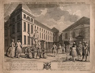 The Foundling Hospital, Holborn, London: a perspective view looking north-west at the main building, happy children dancing round a statue of Flora [?]