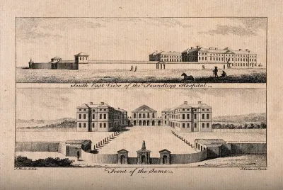 The Foundling Hospital, Holborn, London: a south-east view and a bird's-eye view
