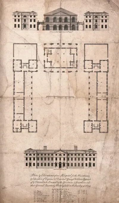 The Foundling Hospital, Holborn, London: plan and elevations, with a scale and a key