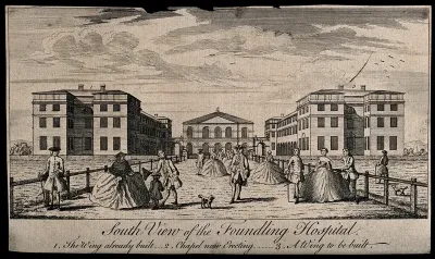 The Foundling Hospital, Holborn, London: the main buildings, with numerous people in the foreground