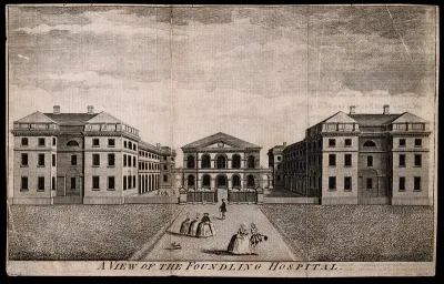 The Foundling Hospital, Holborn, London: the main buildings with several figures