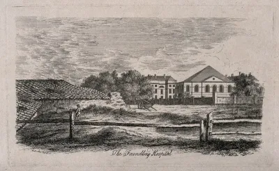 The Foundling Hospital: the main buildings seen from the north, with a farmyard in the foreground