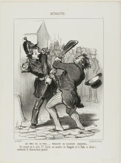 The Friends of Peace - Result of a Speech By Coquerel. On leaving the ward of Saint Cécilia, a member of the peace congress decided to start general disarmament, plate 7 from Actualités