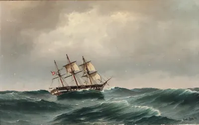 The frigate Jylland in stormy weather.